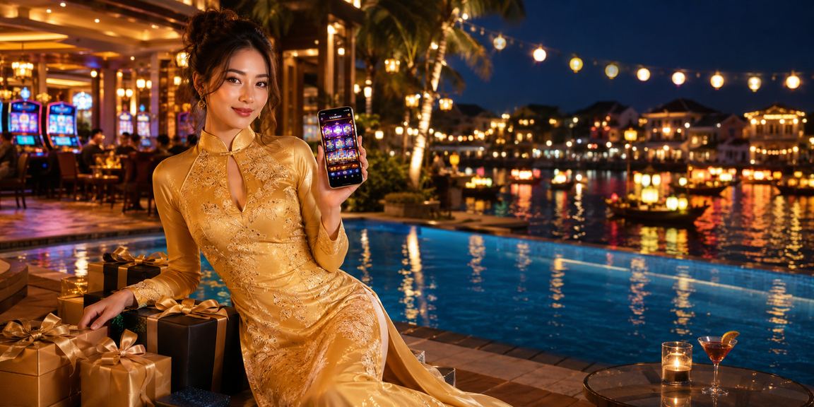 Người dùng Hội An kiểm tra ứng dụng casino với trang phục áo dài truyền thống
